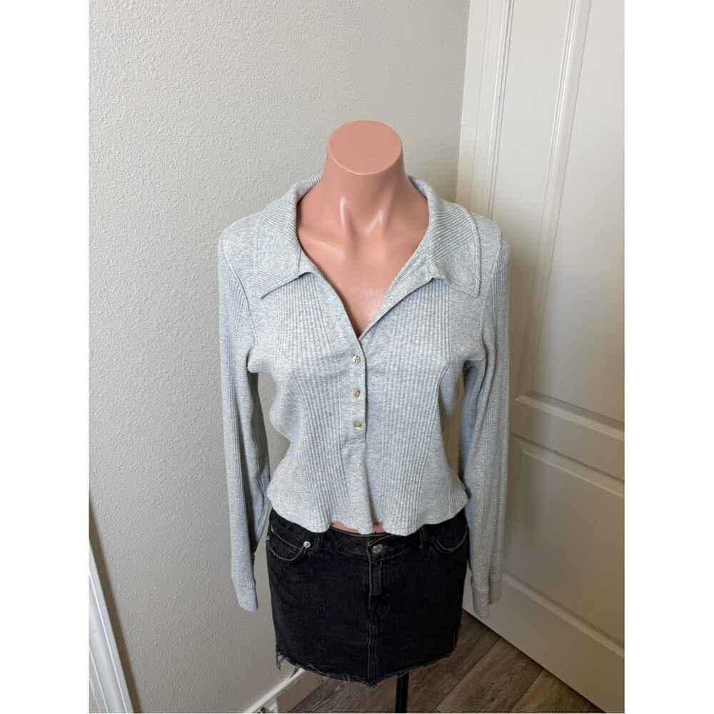 Aerie Light Gray Ribbed Button-Front Long Sleeve Top Sz XL